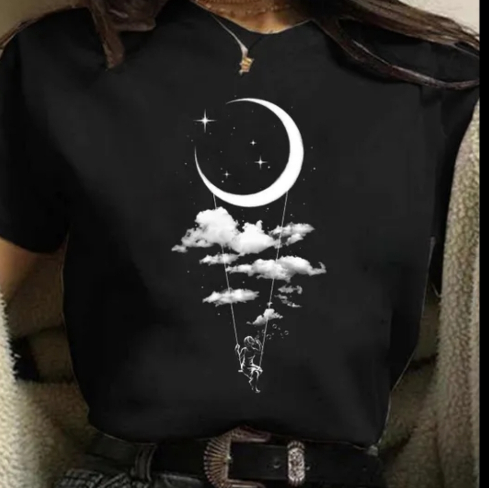 Woman's t-shirt black moon girl blowing bubbles M